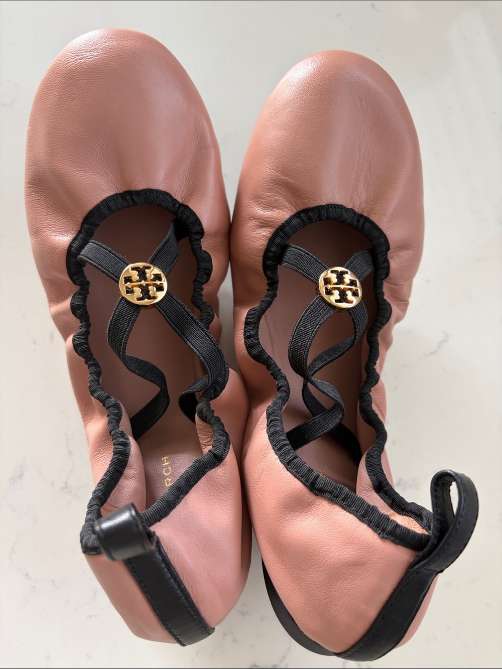 Tory Burch Blush Pink Leather Ballet Flats with Black Trim, brand new